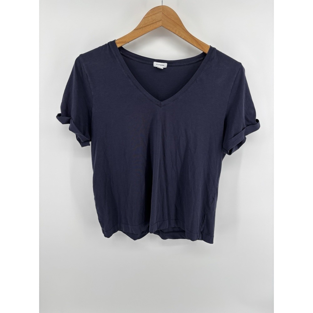 Cuyana V-Neck T Shirt Sz L 100% Pima Cotton Cuffed Sleeve Momcore Preppy Chic